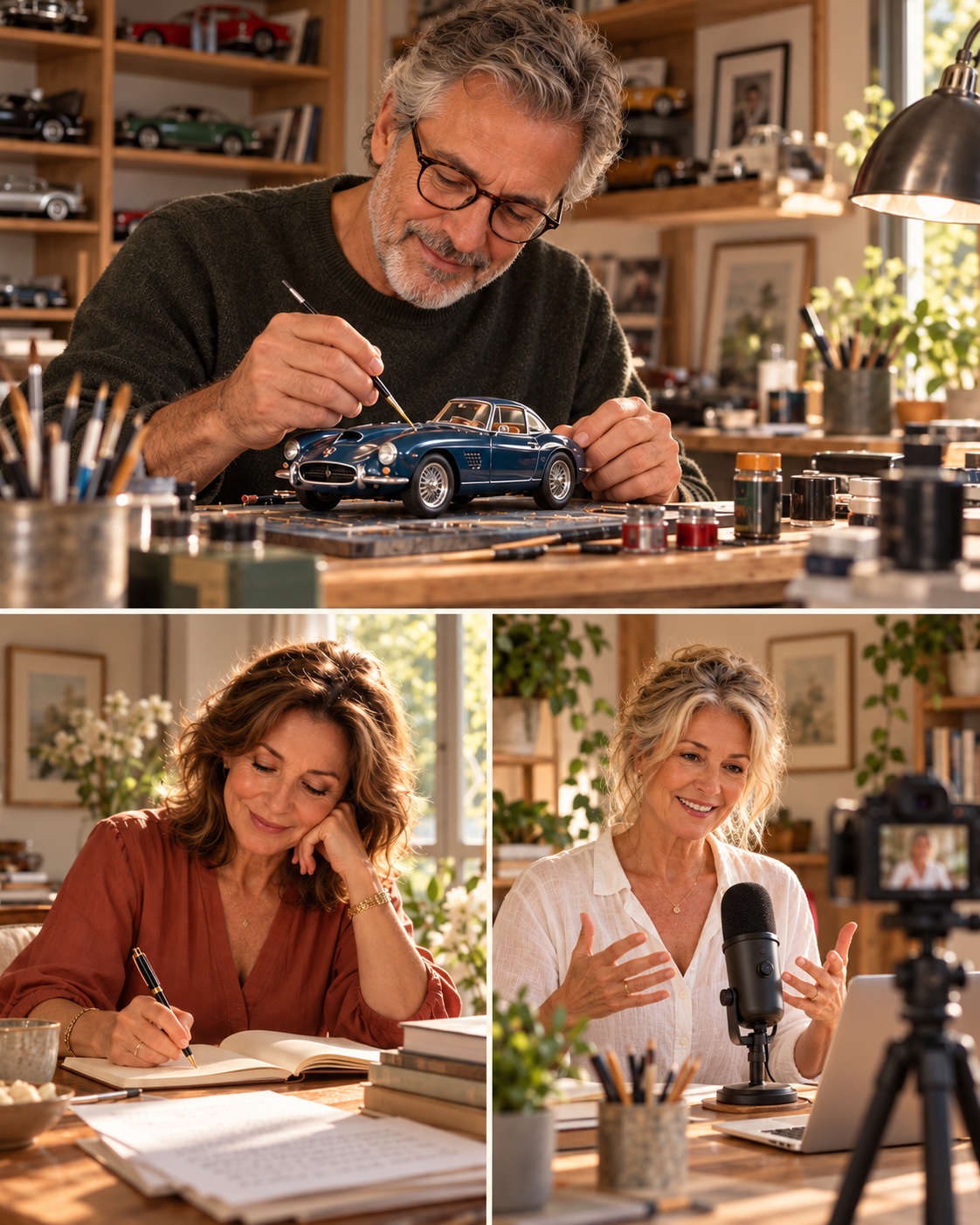Maquettes automobiles au premier plan, écriture de livres numériques et création de formations en ligne